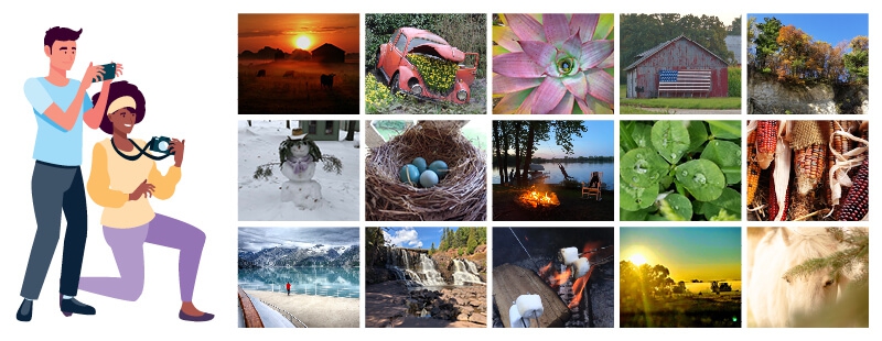 Man and woman photographers next to a series of outdoor photos