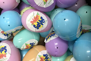 plactic easter eggs with power saver stickers on them