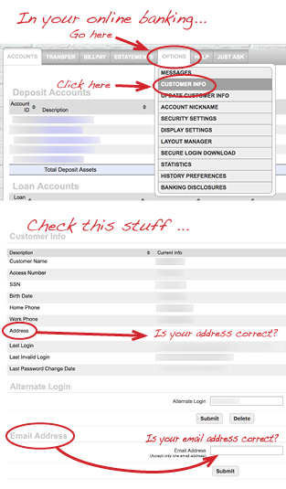 Online banking options tab and customer info change areas